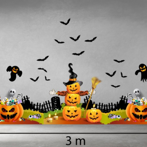 Decal dán tường Decal Halloween - Trái bí vàng và những bóng ma đang bay