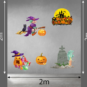 Decal dán tường Decal Halloween- Phù thủy áo tím và mèo đen đang bay 