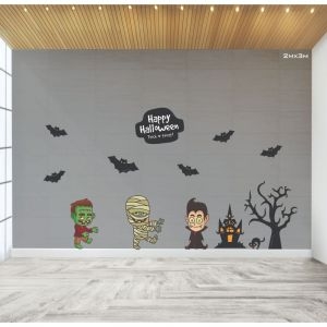 Decal dán tường Decal halloween Lâu đài, cây và bóng ma