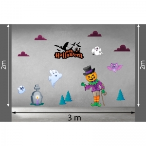 Decal dán tường Decal halloween người bí, bóng ma trắng, dơi