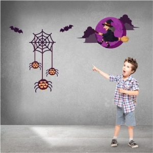 Decal dán tường Decal halloween nhện-dơi-phù thủy