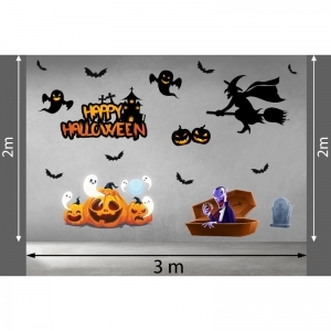 Decal dán tường Decal halloween phù thủy, ma bí ngô, thây ma, dơi đen