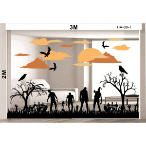 Decal dán tường Decal halloween Quạ, cây và thây ma