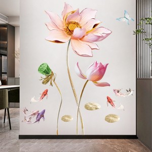 Decal dán tường Decal hoa sen hồng to và đàn cá Decal dán tường Decal hoa sen hồng to và đàn cá
