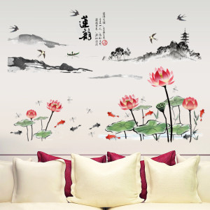 Decal dán tường Decal hoa sen kết hợp phong cảnh núi khổ lớn Decal dán tường Decal hoa sen kết hợp phong cảnh núi khổ lớn