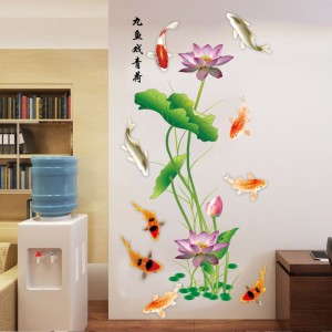 Decal dán tường Tranh dán tường 3D decal hoa sen tím và cá chép, thuận buồm xuôi gió, dán phòng ngủ, tại TPHCM 【Có đổi trả】