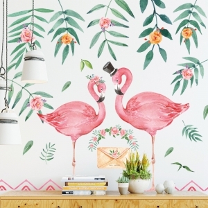 Decal dán tường Decal đôi chim hồng hạc và lá nhiệt đới dán tường kính đẹp