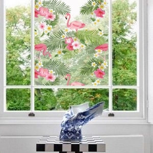 Decal dán tường Decal chim hồng hạc và lá dừa nhiệt đới dán kính, tường đẹp