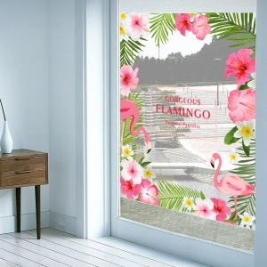 Decal dán tường Decal chim hồng hạc và hoa trang trí quán trà sữa ở TPHCM