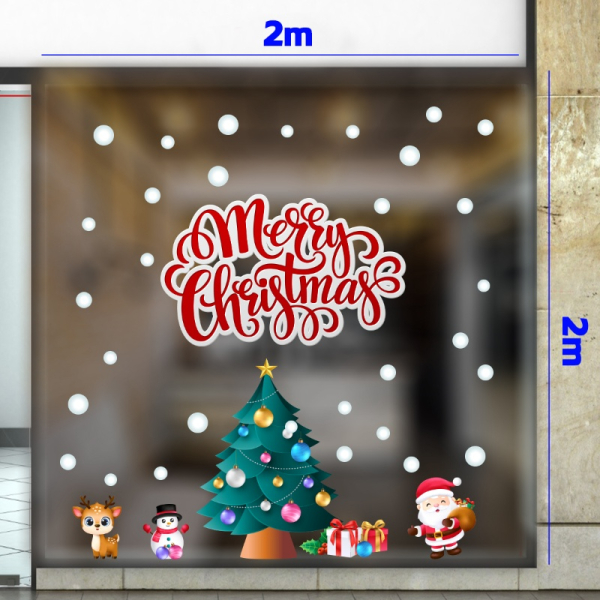 Decal dán tường Decal noel chữ merry christmas đỏ và cây thông xanh dán kính 2m