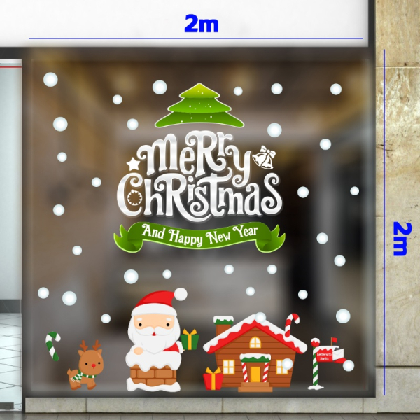 Decal dán tường Decal noel chữ merry christmas màu trắng cây thông xanh dán kính 2m