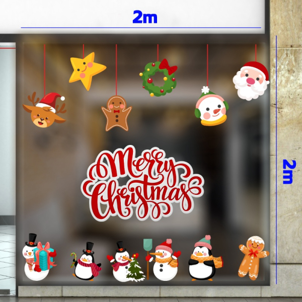 Decal dán tường Decal noel người tuyết và chim cánh cụt dán cửa kính 2m