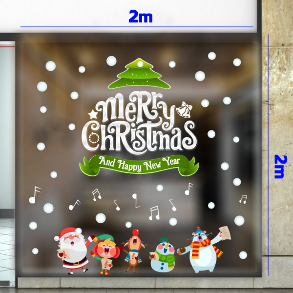 Decal dán tường Decal noel ông già noel ca hát bên cây thông xanh dán kính 2m