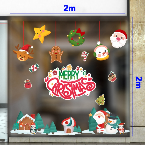 Decal dán tường Decal noel ông già noel vui bên người tuyết và chim cánh cụt dán kính 2m