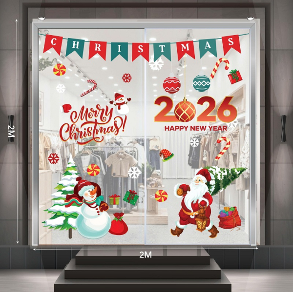 Decal dán tường Decal ông giá noel cầm cây thông vui năm mới 2026 Decal dán tường Decal ông giá noel cầm cây thông vui năm mới 2026