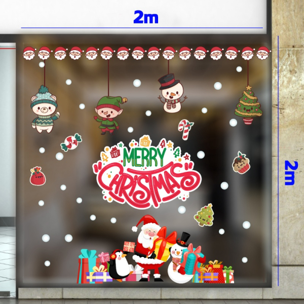 Decal dán tường Decal ông giá noel và người tuyết bên quà giáng sinh dán kính 2m 3m