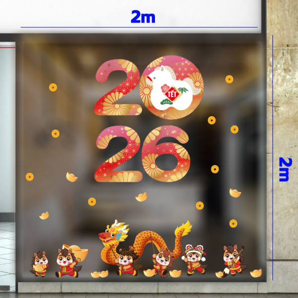 Decal dán tường Decal số 2026 bính ngọ gia đình ngựa đón xuân