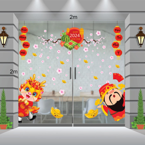 Decal dán tường Decal tết - Thần tài đón xuân bên khung cửa Decal dán tường Decal tết - Thần tài đón xuân bên khung cửa