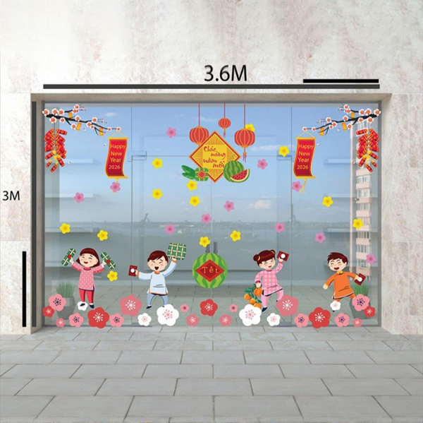 Decal dán tường Decal tết 2026 - Bé vui đùa đón xuân