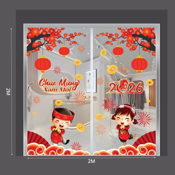 Decal dán tường Decal tết 2026 bé trai bé gái mừng xuân bính ngọ bên hoa đào đỏ