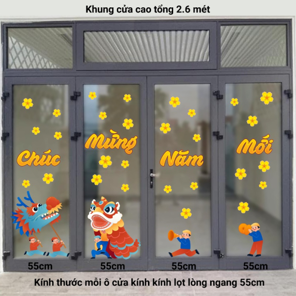 Decal dán tường Decal tết 2026 múa lân sư rồng chúc mừng năm mới vàng