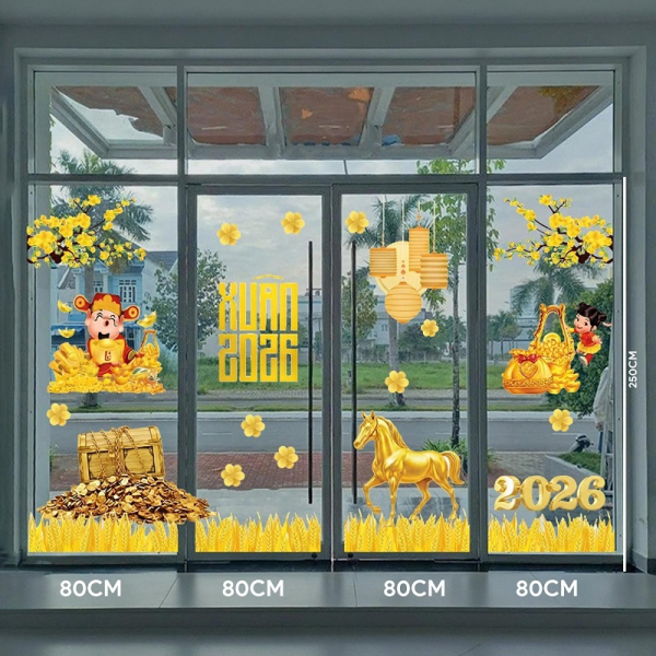 Decal dán tường Decal tết 2026 ngựa vàng du xuân bính ngọ