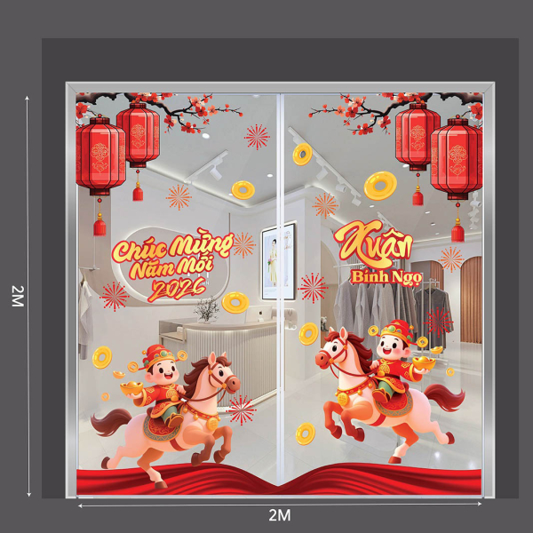 Decal dán tường Decal tết 2026 thần tài cưỡi ngựa vui xuân bính ngọ màu đỏ