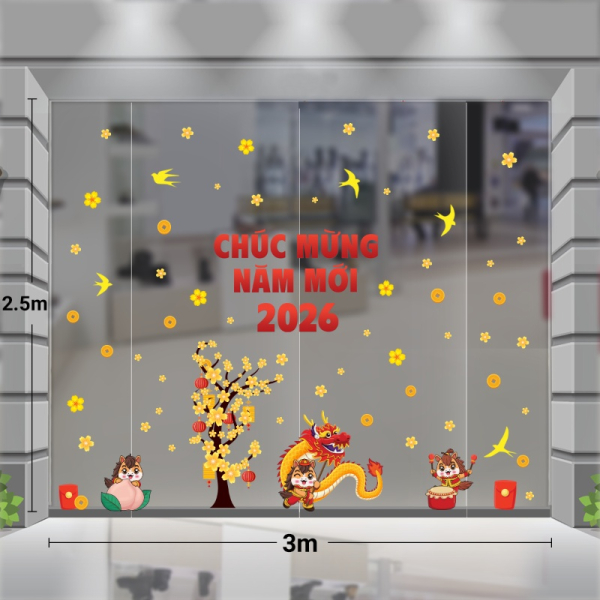Decal dán tường Decal tết bính ngọ 2026 cây mai vàng và ngựa chúc mừng năm mới màu đỏ 