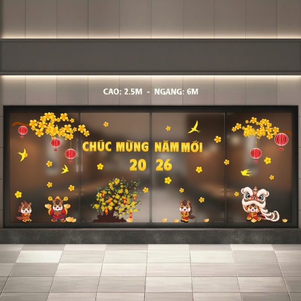 Decal dán tường Decal tết bính ngọ 2026 dán cửa kính trung tâm thương mại cây mai vàng múa lân