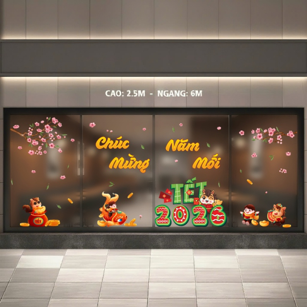 Decal dán tường Decal tết bính ngọ 2026 gia đình ngựa đón xuân bính ngọ bên cành đào