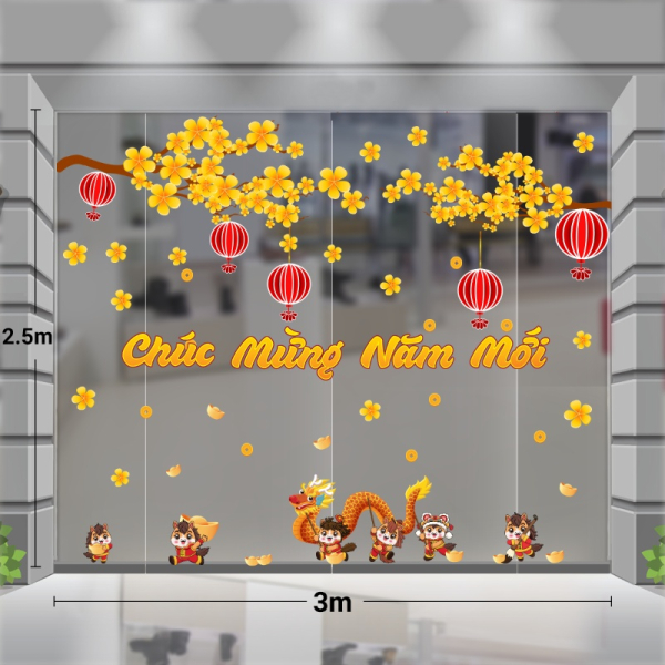 Decal dán tường Decal tết chữ chúc mừng năm mới và gia đình ngựa đón xuân bên mai vàng