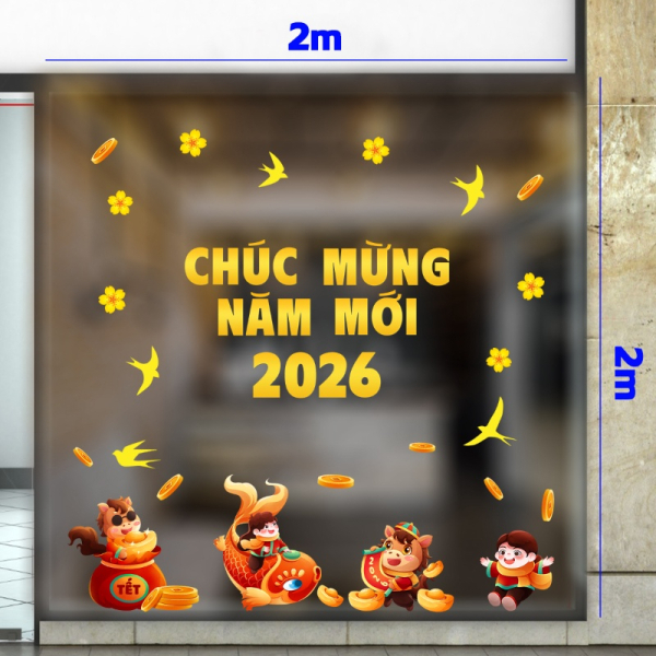 Decal dán tường Decal tết chúc mừng năm mới 2026 dán cửa kính 2 mét ngựa và bé vui xuân