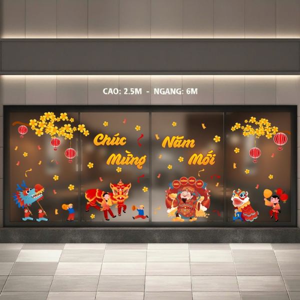 Decal dán tường Decal tết dán cửa kính 6 mét ra vào chung cư thần tài múa lân sư rồng đón xuân