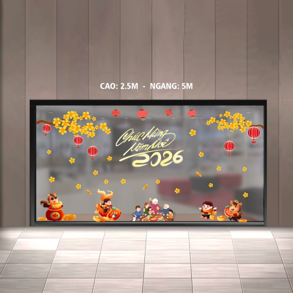 Decal dán tường Decal tết dán cửa kính 6 mét sảnh ra vào trường học chung cư đón xuân bính ngọ