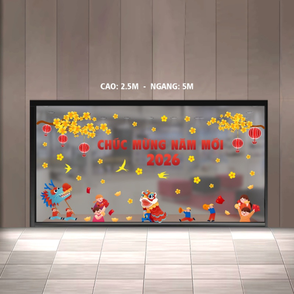 Decal dán tường Decal tết dán cửa kính văn phòng múa lân chúc mừng năm mới màu đỏ