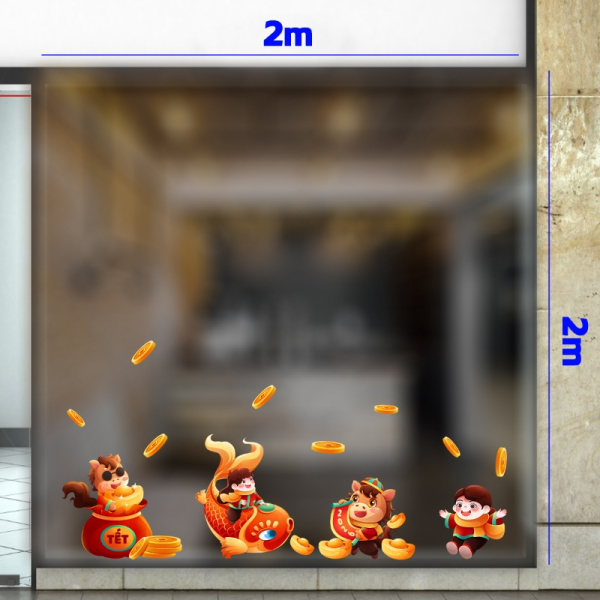 Decal dán tường Decal tết gia đình ngựa cưới cá chép đón xuân