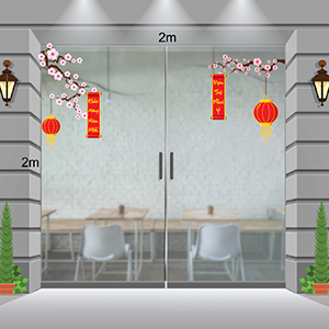 Decal dán tường Decal tết hoa đào hồng và câu đối đỏ Decal dán tường Decal tết hoa đào hồng và câu đối đỏ