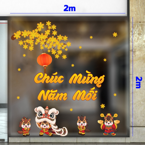Decal dán tường Decal tết thần tài và gia đình ngựa chúc mừng năm mới 2026 bên mai vàng dán cửa kính