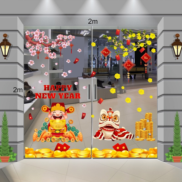 Decal dán tường Decal tết thần tài và lân đón xuân rộn ràng