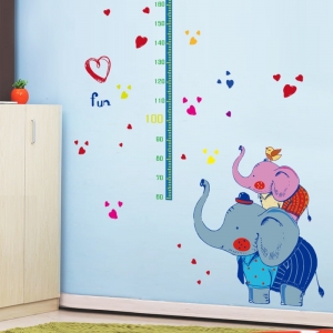 Decal dán tường Decal thước đo chiều cao gia đình voi, dán tường phòng bé