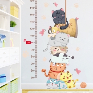 Decal dán tường Decal thước đo chiều cao mèo xếp hàng dán phòng bé