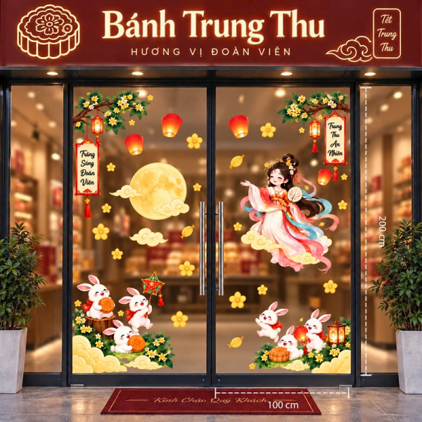 Decal dán tường Decal trung thu dán cửa kính ra vào chị hằng vui cùng thỏ ngọc