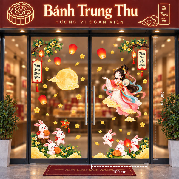 Decal dán tường Decal trung thu dán cửa kính ra vào chị hằng vui cùng thỏ ngọc