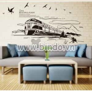 Decal dán tường Decal dán tường Đoàn tàu lửa, có sẵn keo, dán quán cafe, tại TPHCM sau dán 1,4 x 0,9 (m) (dài x rộng)