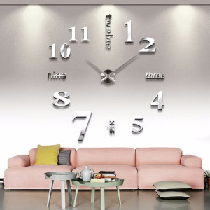 Decal dán tường Đồng hồ chữ và số khổ lớn màu bạc