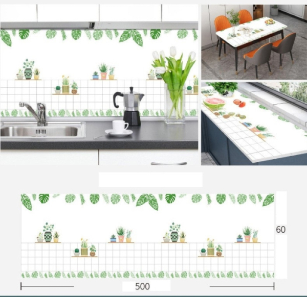 Decal dán tường Giấy dán bếp cây và lá nhiệt đới xanh lá nền sọc caro chống cháy tráng nhôm 0.6m x 5m Decal dán tường Giấy dán bếp cây và lá nhiệt đới xanh lá nền sọc caro chống cháy tráng nhôm 0.6m x 5m