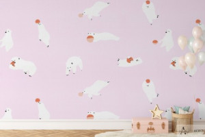 Decal dán tường Giấy dán tường hàn quốc chú gấu trắng nền hồng  ALBANY 6830-2 