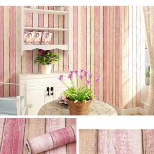 Decal dán tường Giấy dán tường giả gỗ sắc màu sọc màu hồng, dán tường phòng khách, khổ 45cm sau dán 4,5m2 tại TPHCM