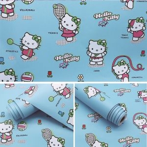 Decal dán tường Giấy dán tường hello kitty màu xanh da trời, có keo, dán tường cho bé, giá rẻ tại TPHCM