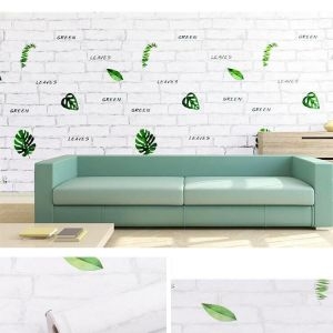 Decal dán tường Giấy dán tường giả gạch xám họa tiết lá xanh dán quán cafe, trà sữa độc đáo tại TPHCM